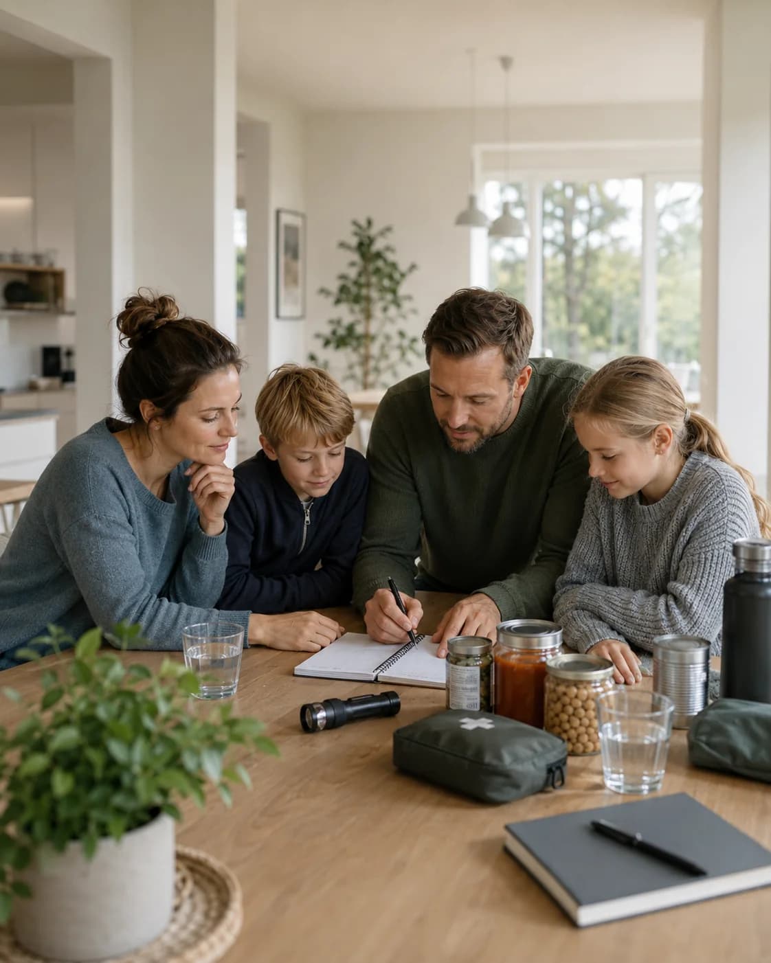 Familie som planlegger egenberedskap hjemme med vann, mat og enkel sjekkliste.