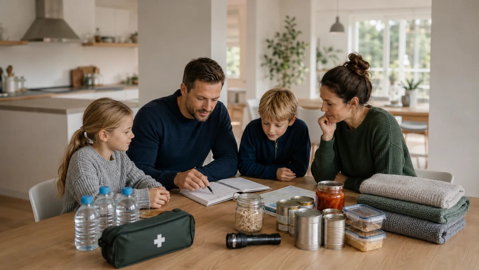 Familie som planlegger egenberedskap hjemme ved kjøkkenbordet.